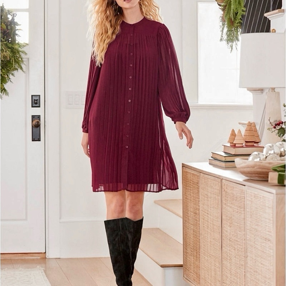 NWOT Garnet Hill ‘Mara Pleated Trapeze Dress’ in “Deep Currant” Size Small